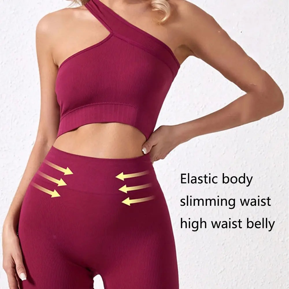 2Pcs Seamless Women Workout Sets Casual High Waist One Shoulder Yoga Outfits Tank Tops Ribbed Sports Bra Gym