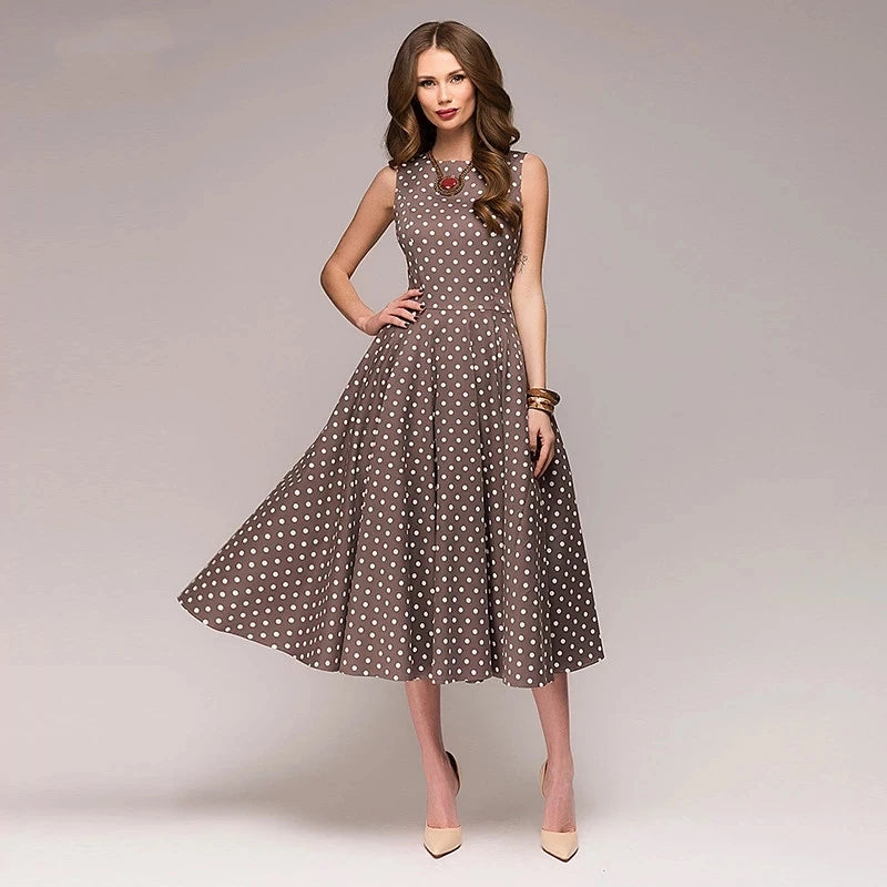Vintage Dress Sleeveless O-neck Vestidos Women Elegant Thin Dot Printing Mid-Calf Casual Dress Female Summer Brown