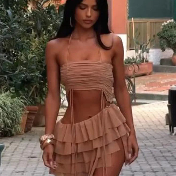 Retro Brown Ruffles Hem Women's Outfits Sexy Pleated Halter Copped Top Suit Casual High Waist Mini Skirt 2pcs Set Summer Holiday