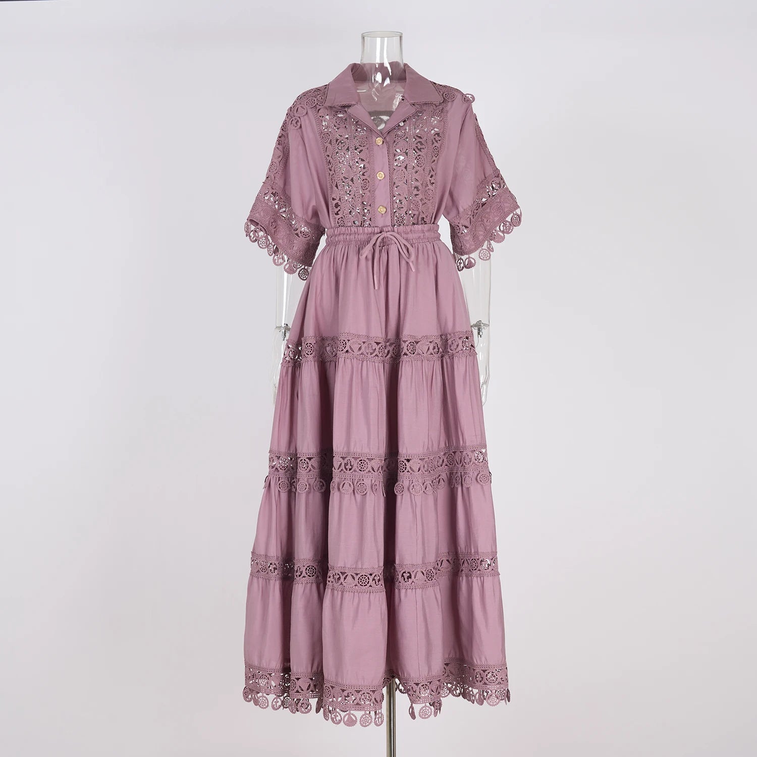 Summer Holiday Embroidery 2 Piece Sets Women Hollow Out Loose Shirt Top + Elastic Waist Maxi Skirts Suits Streetwear Y2k Outfits