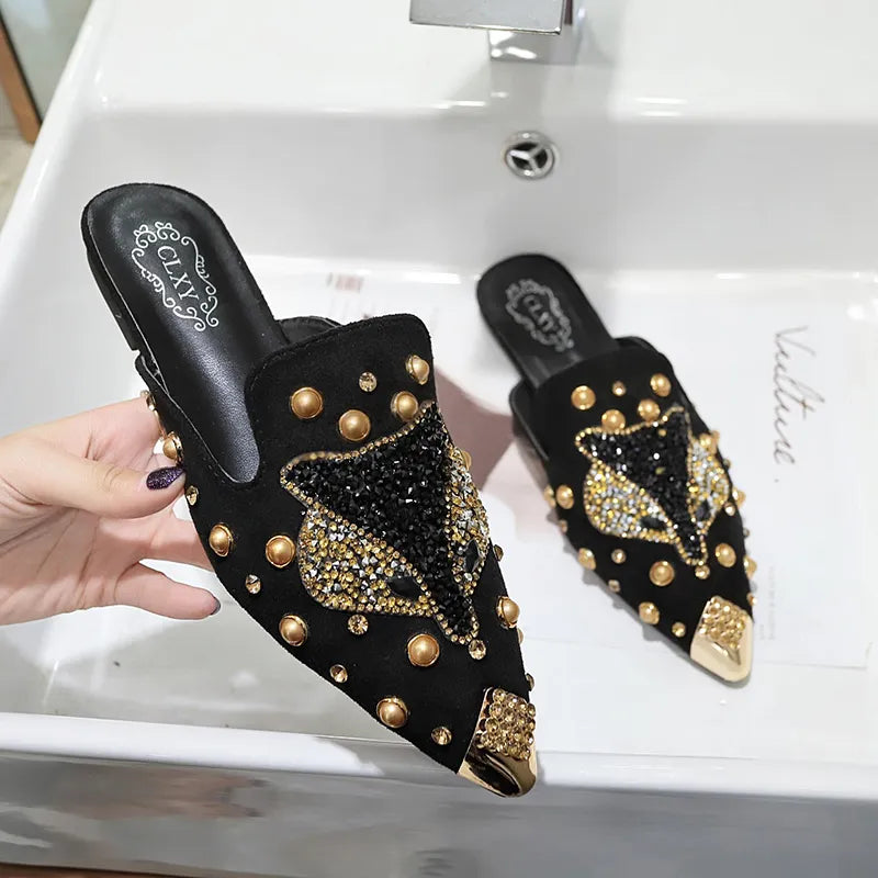 Women Shoe Fashion String-bead Pointed Rhinestone Rivet Flat Women Slippers Slip-On Mules Loafer Sandals Slides Ladies Shoes