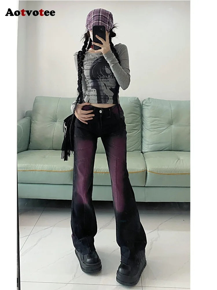 Tie Dye Y2K Jeans for Women Fashion High Waisted Casual Denim Pants Vintage Streetwear Slim Flare Denim Pants