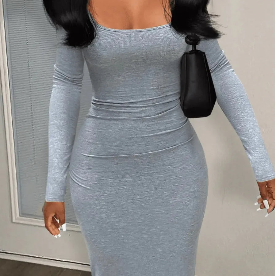 Long Sleeve Casual Maxi Dresses Autumn & Winter Women New Streetwear Solid Black U Neck Sexy Bodycon Dress GRAY