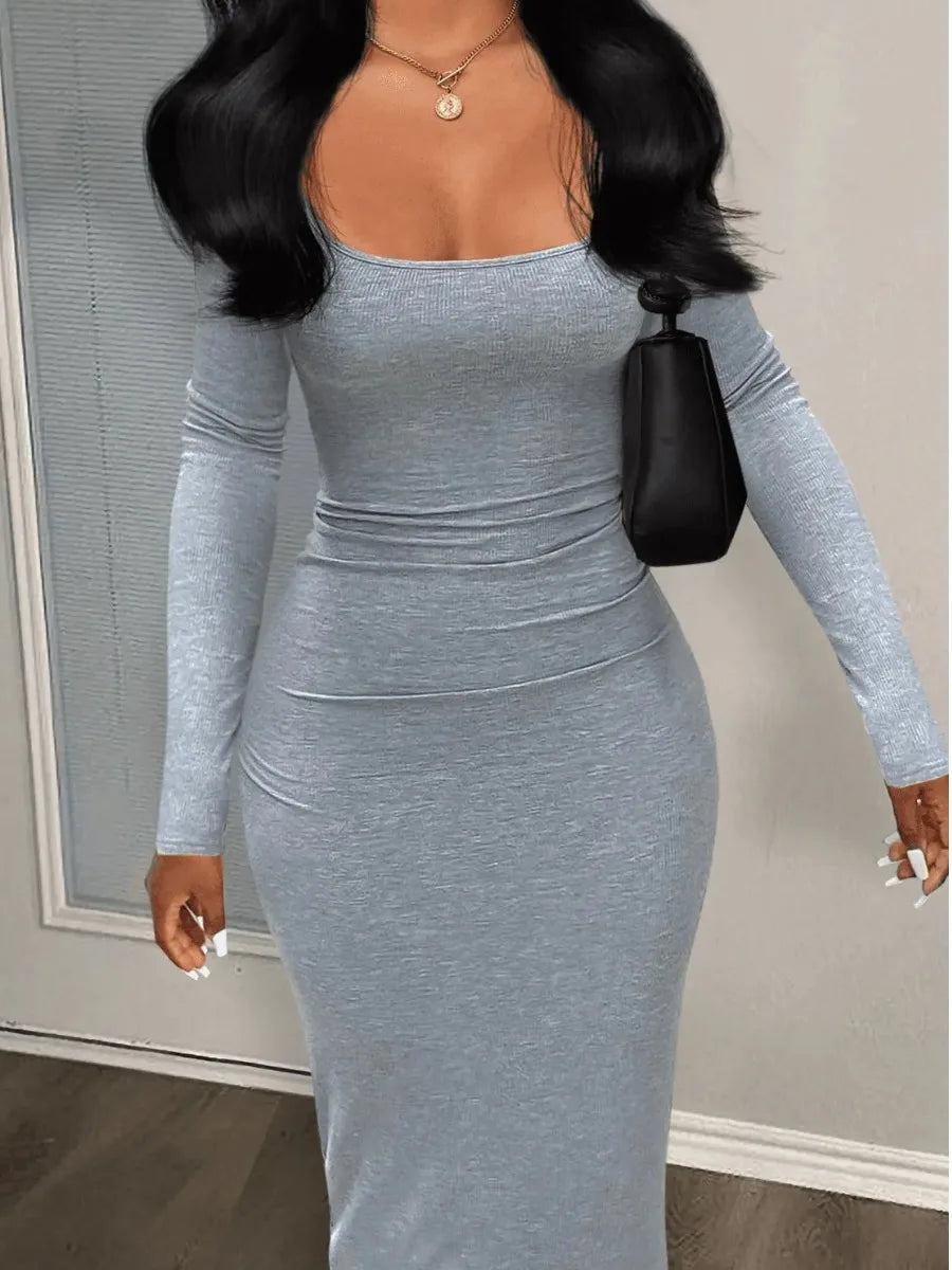 Long Sleeve Casual Maxi Dresses Autumn & Winter Women New Streetwear Solid Black U Neck Sexy Bodycon Dress GRAY