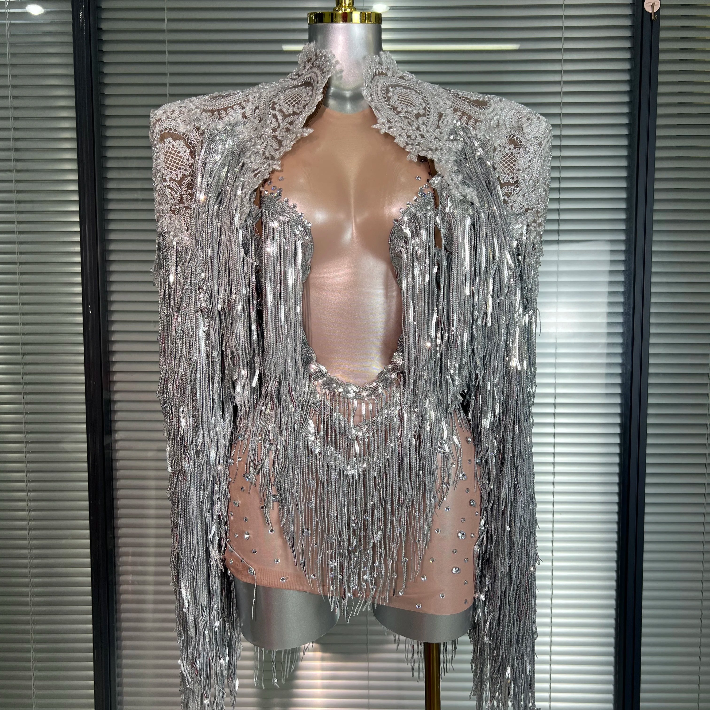 Celebrity New Women Sexy Mesh Sheer Crystal Stage Costume Stage Dancer Night Club Tank Mini Party Dress Coat 2 Pieces Set