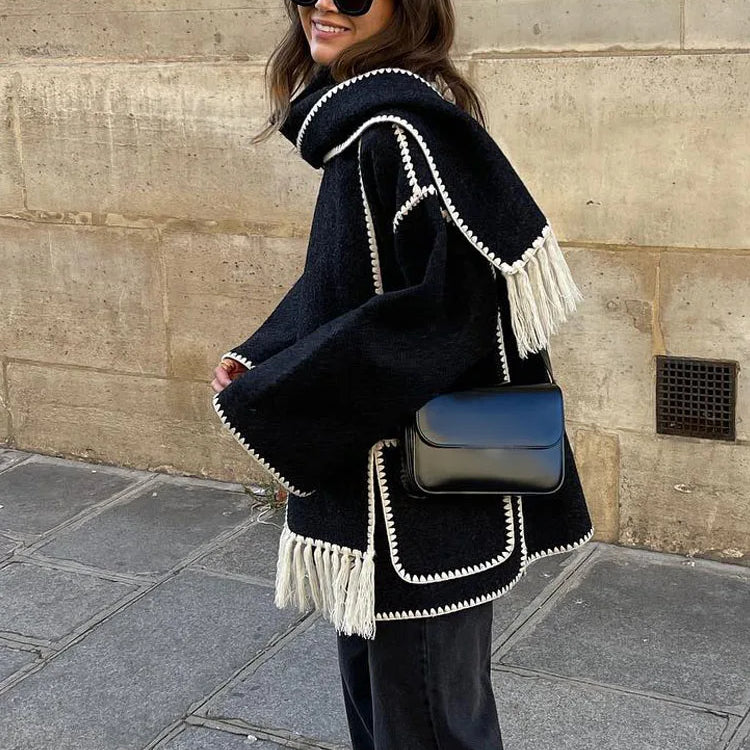 TRAFZA 2023 Autumn Fashion Woman Black Crochet Scarf Coat O Neck Long Sleeve Button Straight Casual Vintage Female Cozy Coats