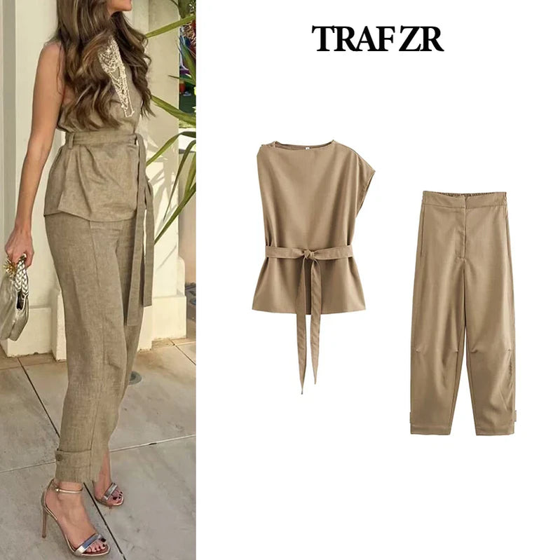 TRAF ZR Set of Two Pieces for Modern Women Khaki Sets for Women 2 Pieces Elegant Minimalist Korean Style Set Cozy Sets