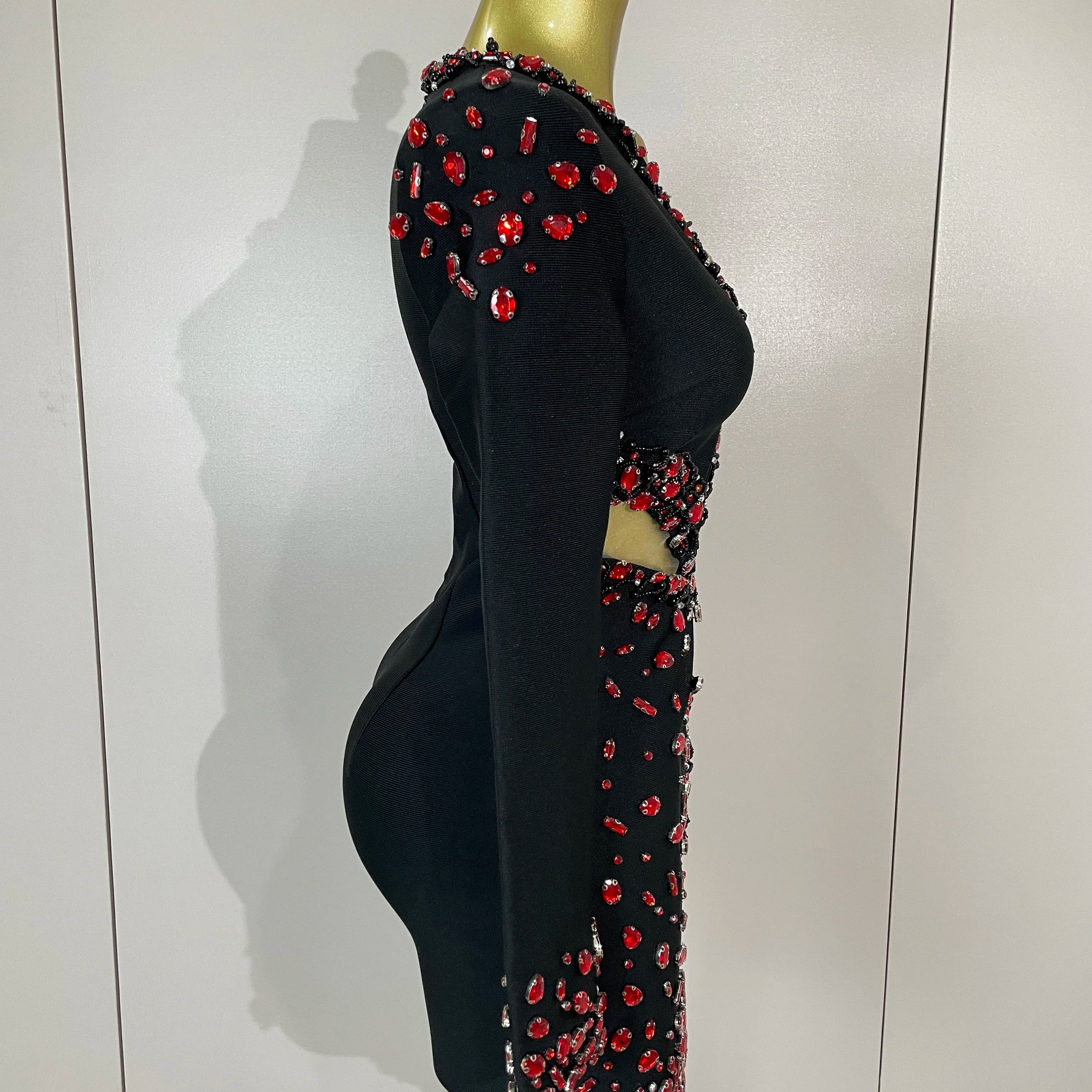 Women Celebrity Sexy Long Sleeve V Neck Rhinestone Black Bandage Dress 2025 Elegant Evening Club Luxury Birthday Party Dresses