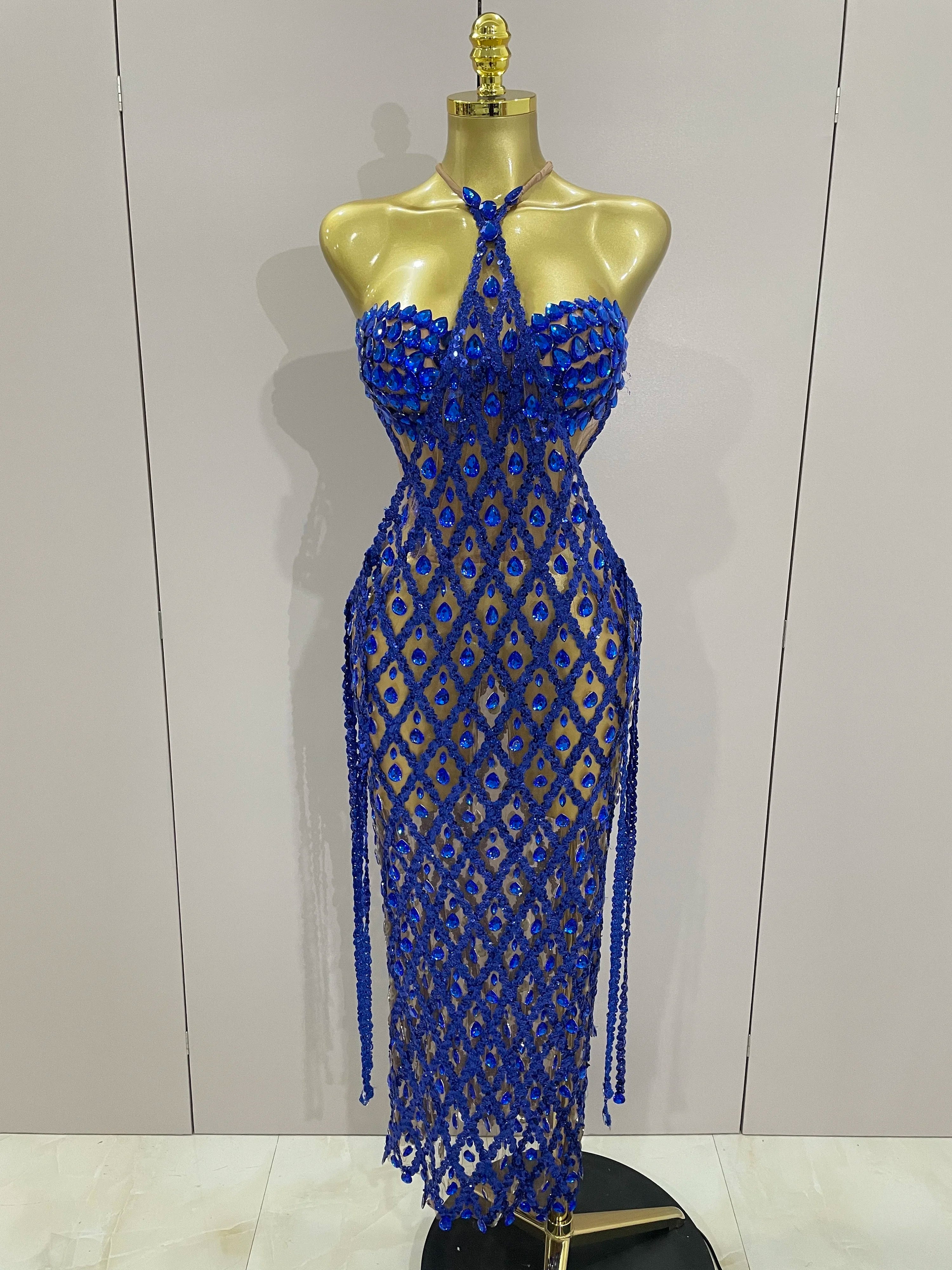 Stock Sexy Sparkly Gold Rhinestones Sleeveless Mesh Two Piece Long Dress 2025 Women Birthday Party Celebrate Prom Stage Costume