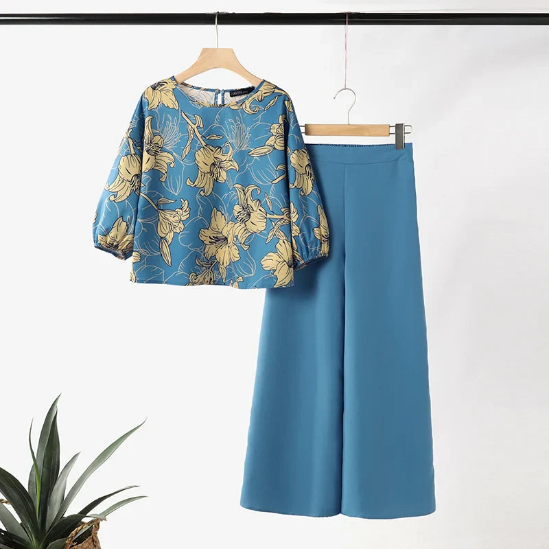 Fashion Trousers Suit Women 3/4 Sleeve Blouse Wide Leg Pant Sets Summer Matching Sets ZANZEA 2PCS Casual Printed Tracksuits Blue