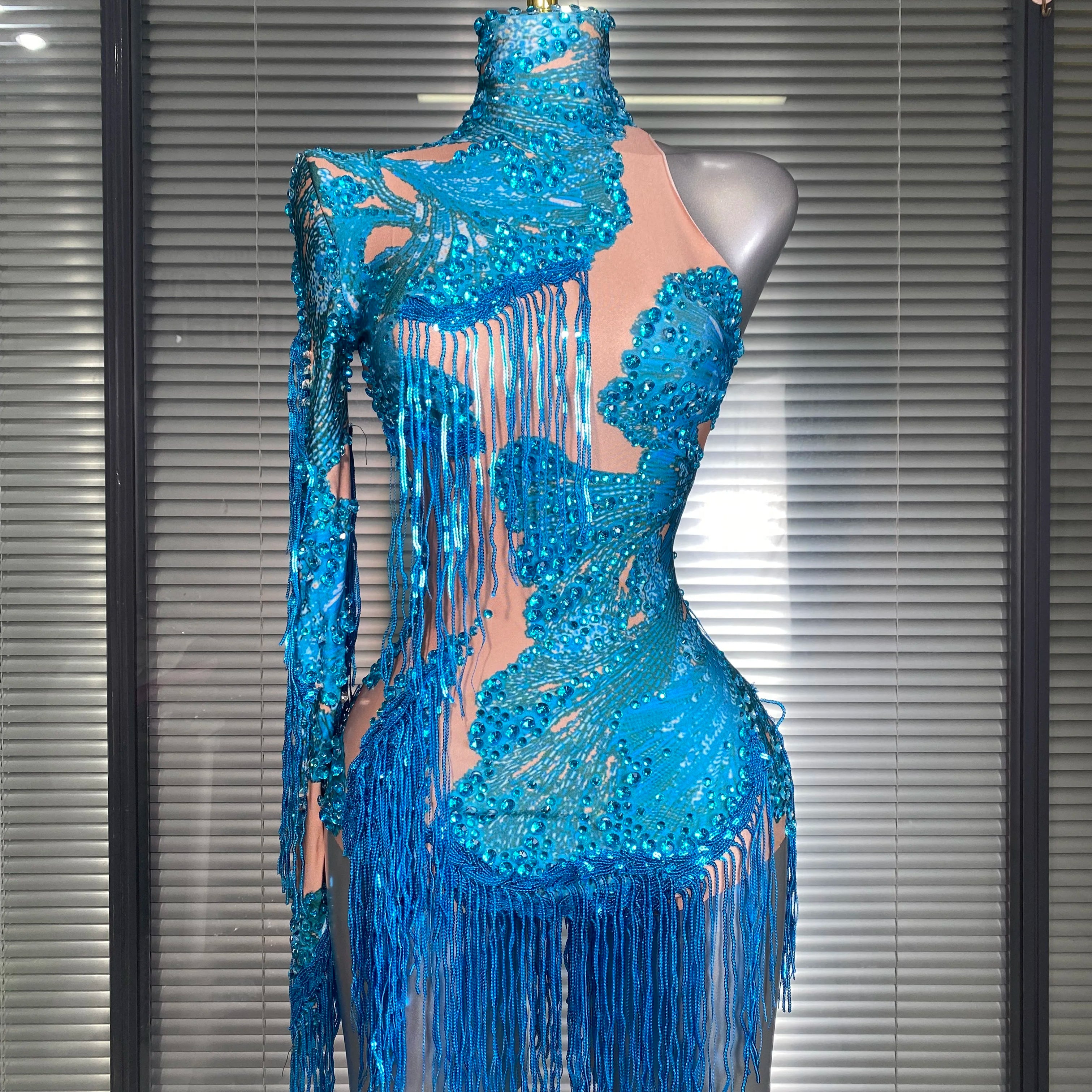 New Celebrity Women Sexy Purple Blue Stretchy Single Sleeve Night Club Singer Dancer Tassel Stage Costume Party Bodysuit