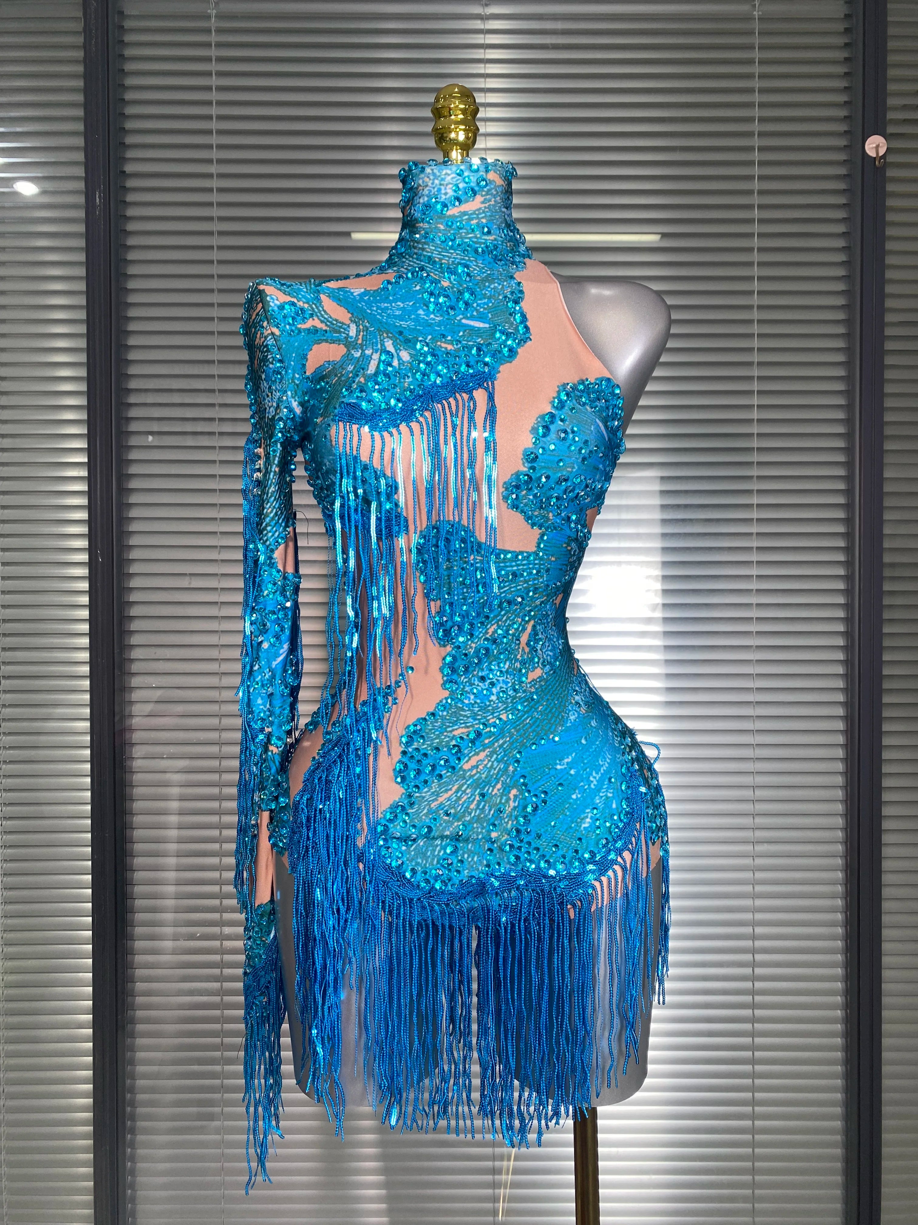 New Celebrity Women Sexy Purple Blue Stretchy Single Sleeve Night Club Singer Dancer Tassel Stage Costume Party Bodysuit