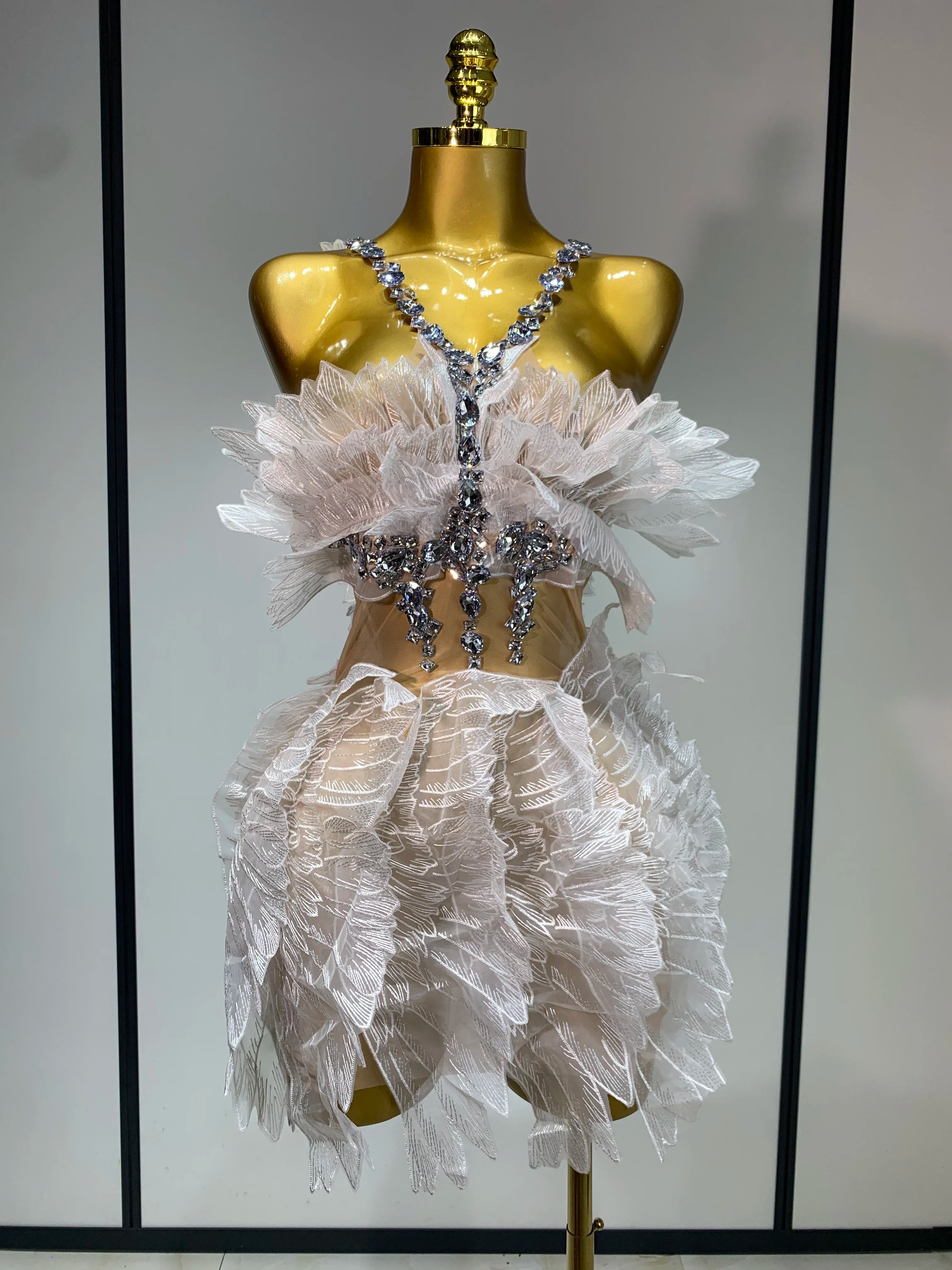 Luxury Birthday Dress Women Sexy White Crystal Transparent Wings Mini Dress Nightclub Evening Party Singer Stage Perform Costume