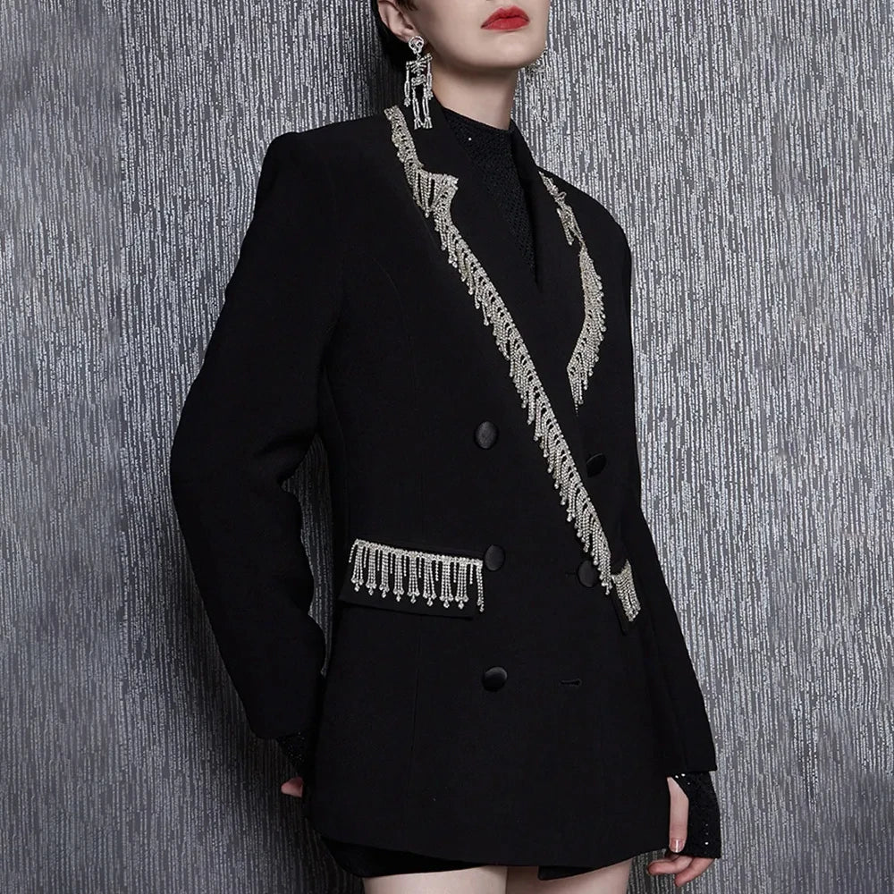 TWOTWINSTYLE Solid Spliced Tassels Elegant Jackets for Women Lapel Long Sleeve Patchwork Double Breasted Blazer Demale Clothing