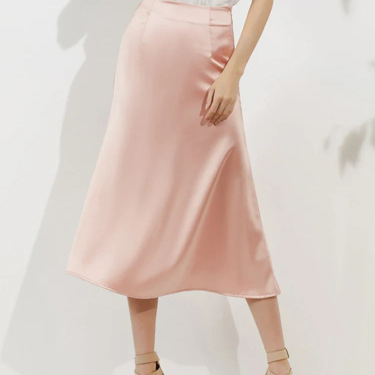 Silk Satin Skirts for Women Korean Style Champagne Office High Waist A-line Skirt Fashion Elegant Solid Long Pencil Skirt 2024