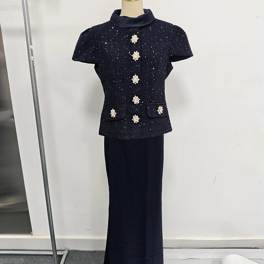 TWOTWINSTYLE Solid Slimming Two Piece Sets for Women Round Neck Short Sleeves Spliced Button Top High Waist Skirt Set Female New