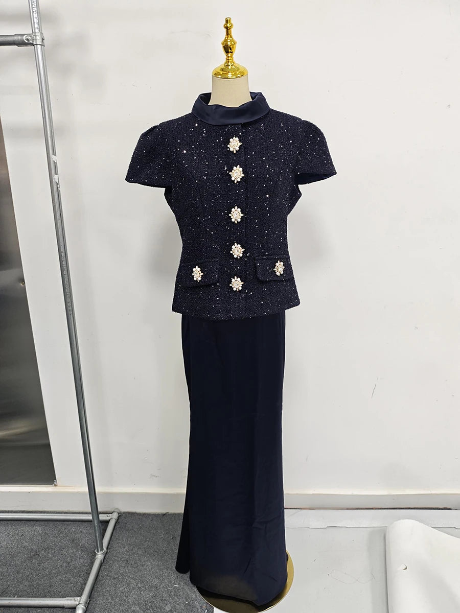 TWOTWINSTYLE Solid Slimming Two Piece Sets for Women Round Neck Short Sleeves Spliced Button Top High Waist Skirt Set Female New