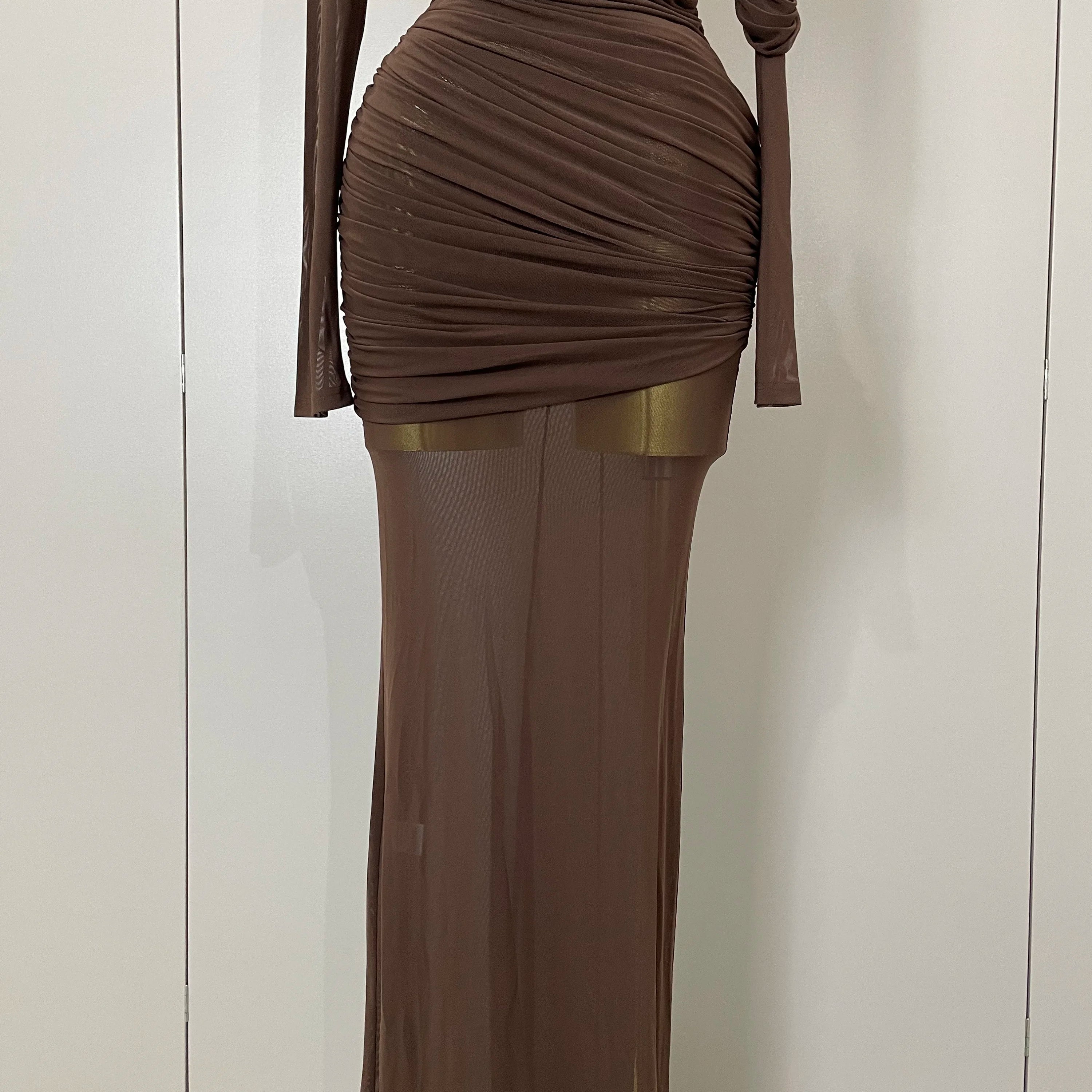 2025 Women Elegant Brown Mesh Fold Long Sleeve Bodycon Dress Evening Party Club Sexy Perspective Fashion Luxury Birthday Dresses