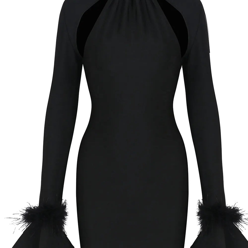 2025 Sexy Women's Light Luxury Nail Bead Hollow Bandage Dress O-neck Trumpet Sleeve Feather Design Bodycon Mini Dress Vestidos