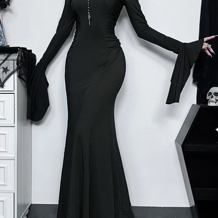 Halloween Cos Morticia Elegant Gothic Dress for Women Adams Family Inspired Wednesday Slim Summer Mermaid