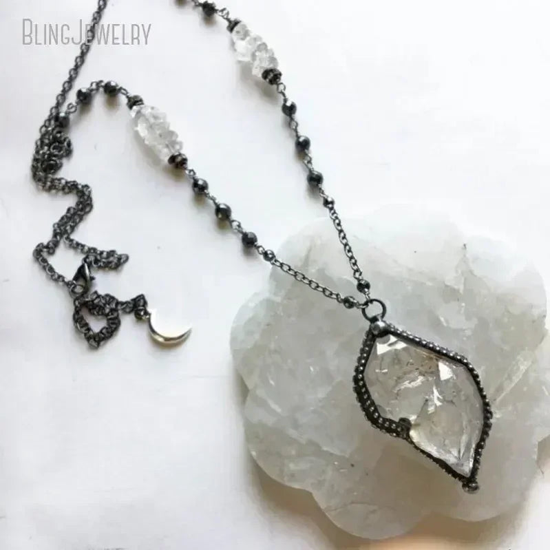 10pcs Raw Black Tourmaline Herkimer Quartz Crystal Necklace Goth Witch Wicca Boho Schorl Gemstone Statement Jewelry NM45709-10pcs