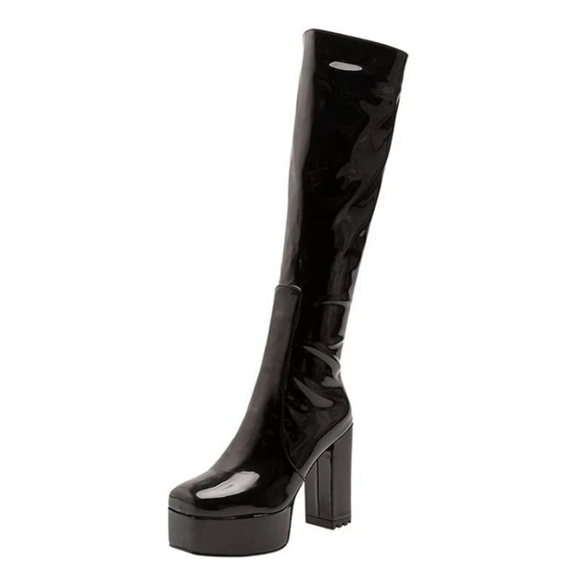 SIMLOVEYO Platform Knee High Boots Toe Block Heels Rubber Size 34-43 Black White Blue S2729