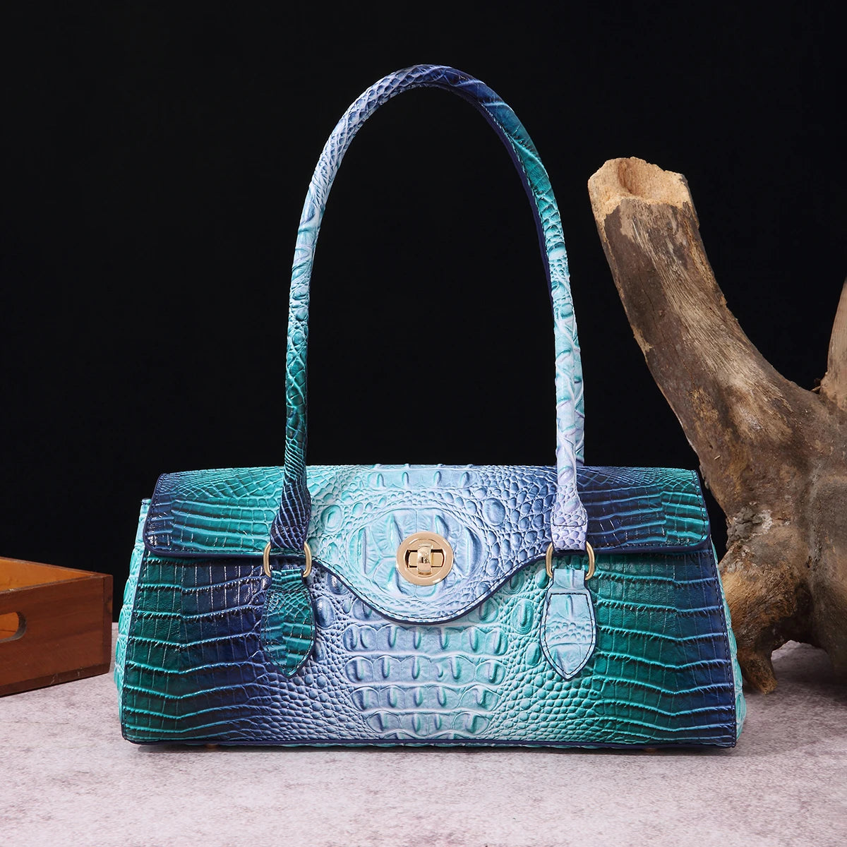 Multicolor Crocodile Pattern Fashion Handheld Stick Bag Large Capacity One Shoulder Underarm Bag Women's Luxury Handbag CyanBlue