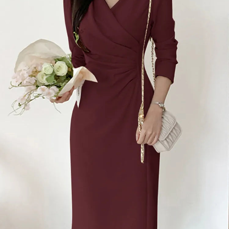 Fashion Bodycorn Dress Spring V-Neck Long Sleeve Sundress Solid Color Pleated Midi Robe Female Elegant Sexy Vestidos