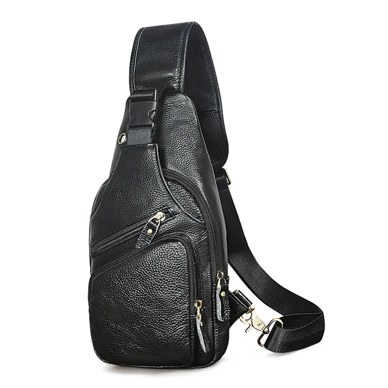Men Original Crazy horse Leather Casual Triangle Crossbody Chest Sling Bag Design Travel One Shoulder Bag Daypack Male 8015 black