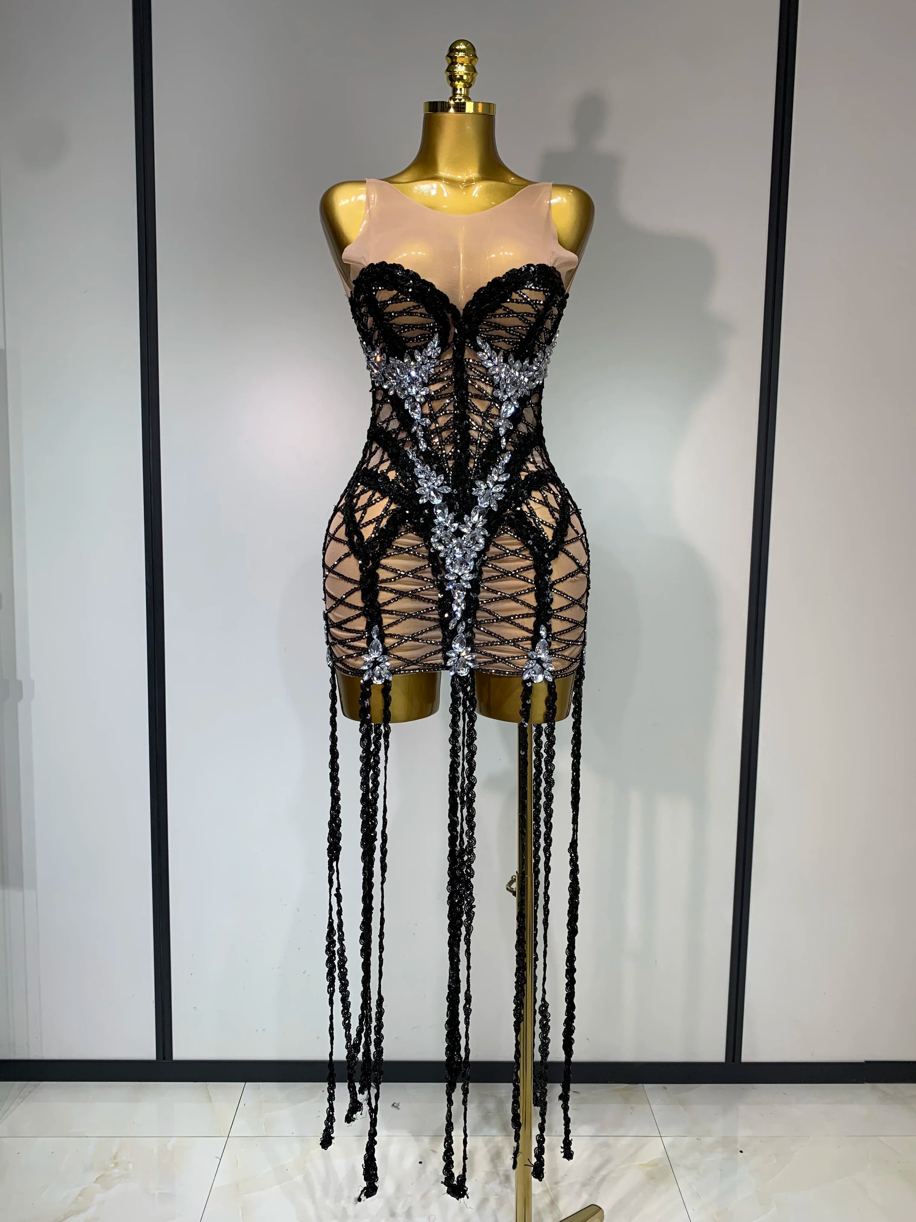 Luxury Birthday Sparkle Sequins Diamonds Long Tassel Sleeveless Mini Dress Women Red Carpet Goddess Stage Performance Costume