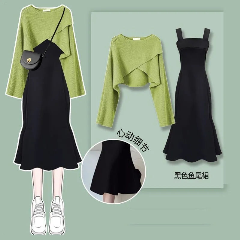 Women's Fashion Dress Matching Set Autumn Winter New Chic Knitted Sweater Sling Skirt Two Piece Korean Elegant Clothes Suit Set 07