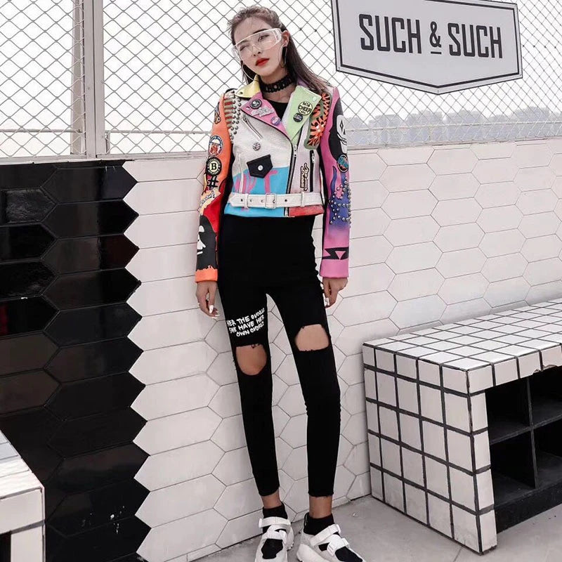 Cropped Leather Jackets Women Colorful Graffiti Studded Coat Punk Faux Leather Motorcycle Biker Jacket Ladies