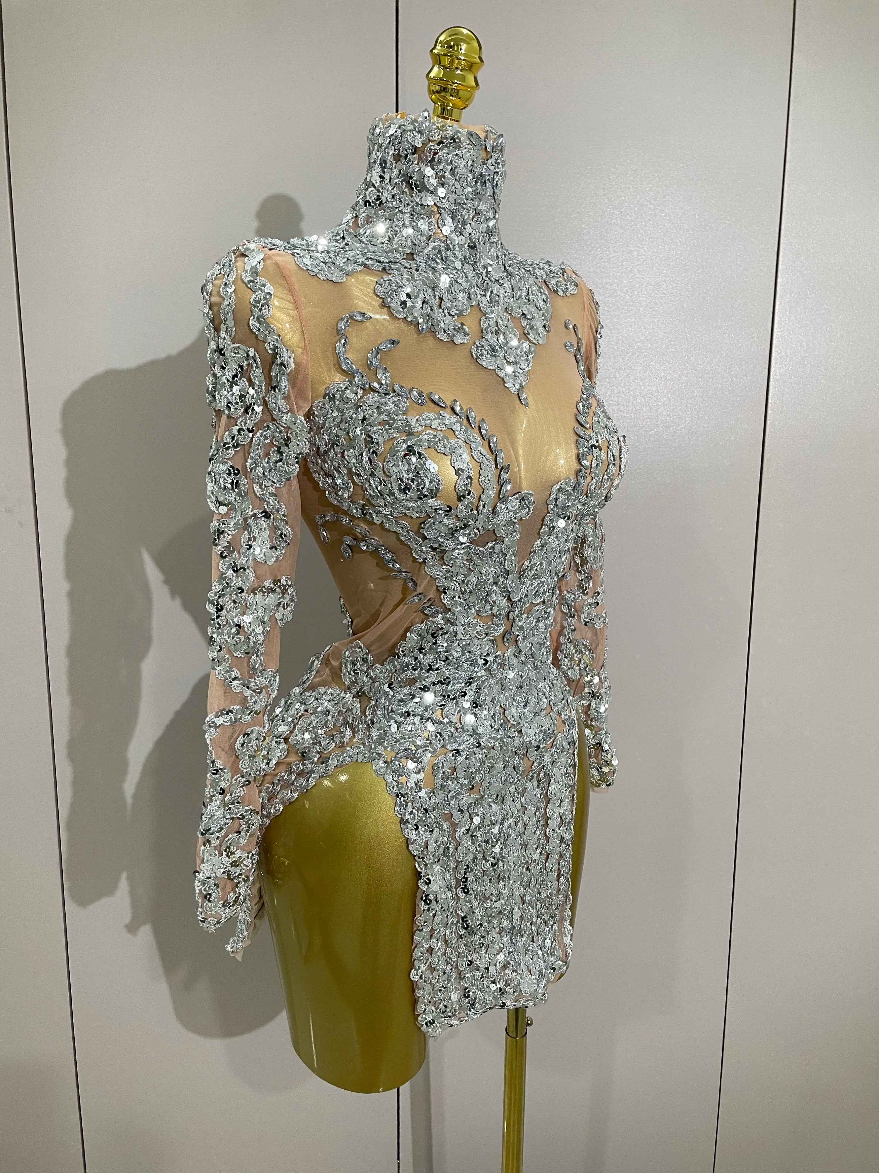 Luxury Sparkly Sequins Stretch Long Sleeve Mesh Mini Dress 2025 Women Birthday Party Nightclub Dancer Stage Performance Costume