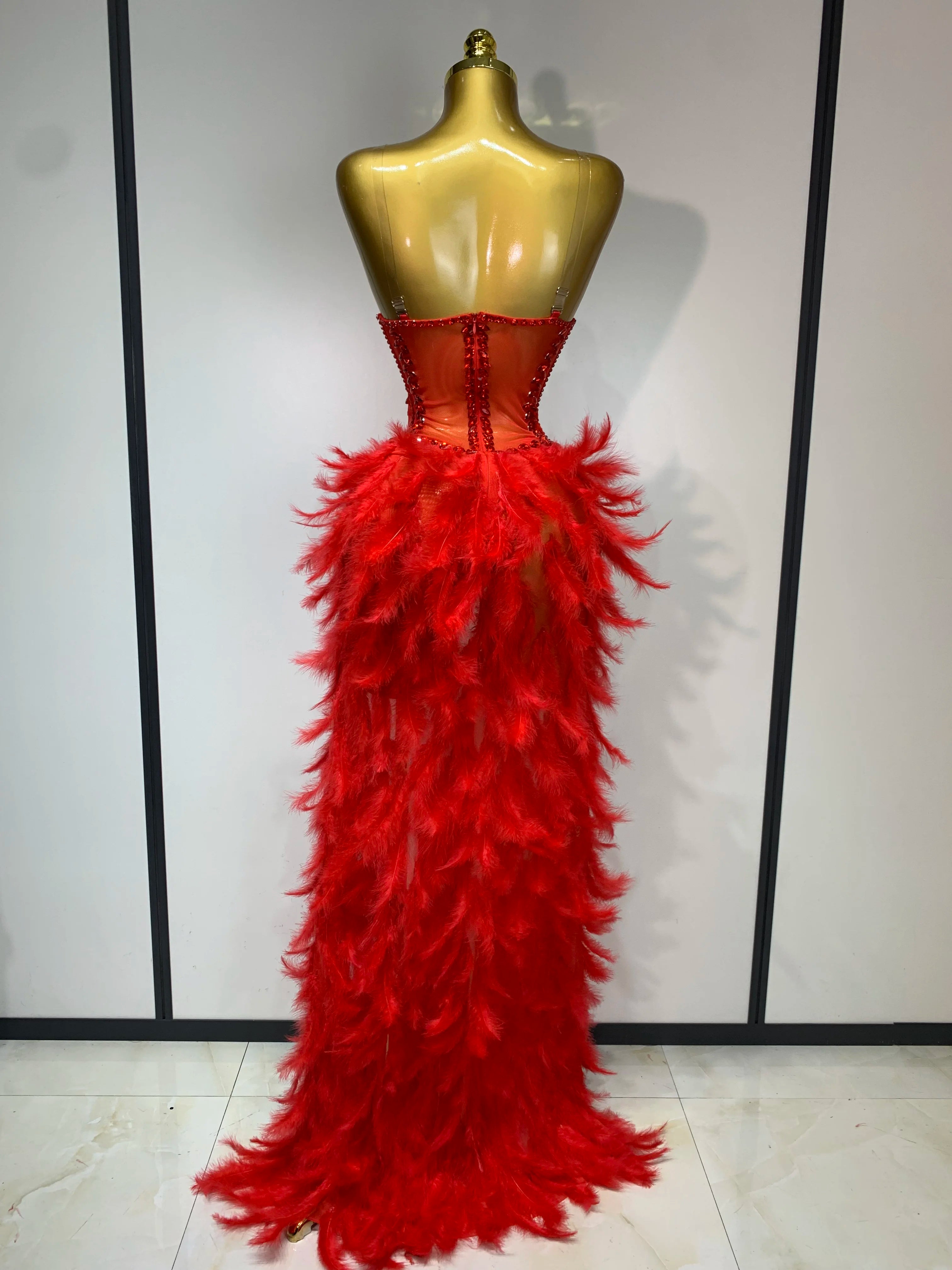 Sparkly Rhinestones Bodysuit Feathers Long Tail Dress Sexy Mesh Transparent Evening Party Celebrate Birthday Dress Stage Outfit