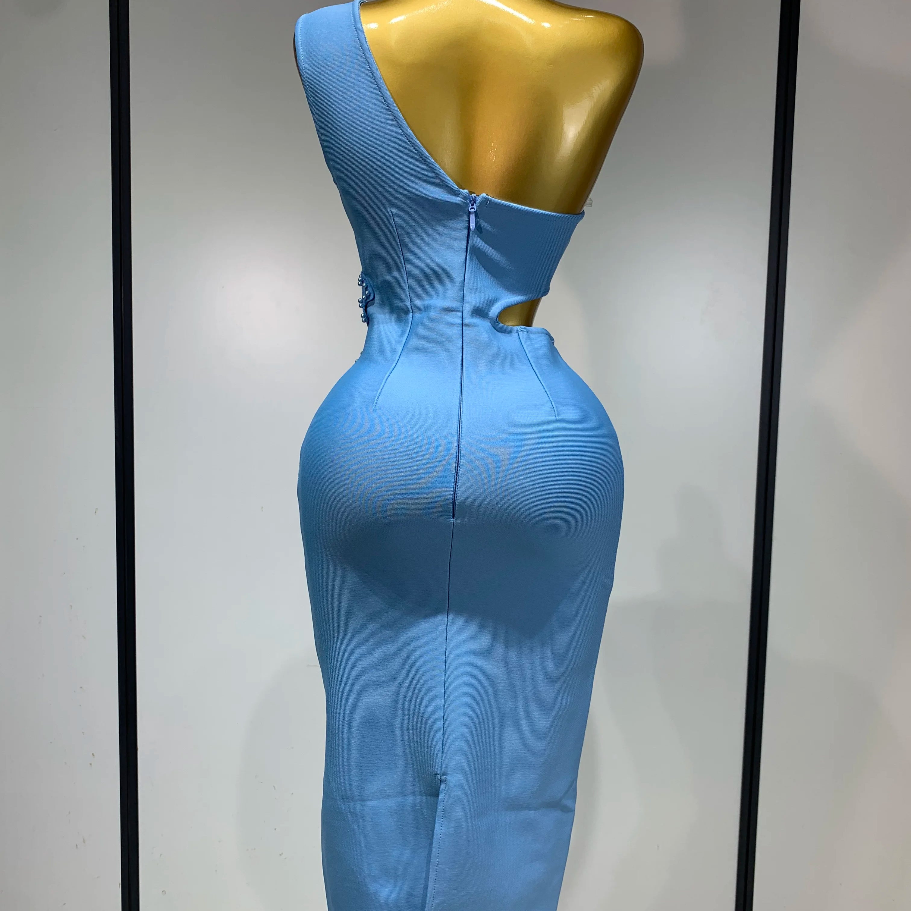 Women Sexy Luxury Birthday One Shoulder Pearl Sky Blue Bodycon Bandage Dress 2025 Celebrity Elegant Evening Club Party Outfit