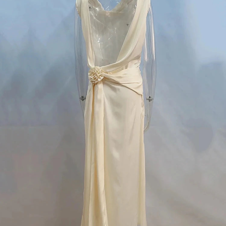 Satin Backless Sexy Maxi Dress For Women Elegant Rose Thigh High Split Beach Holiday Long Dress Gorgeous Club Gown