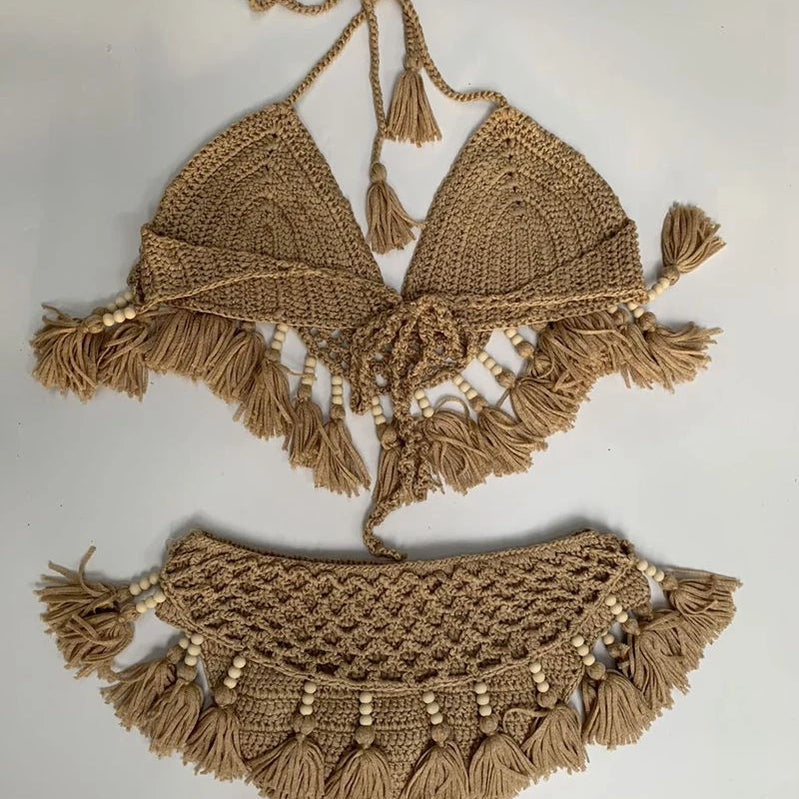 Sexy Crochet Bikinis Set Women Handmade Beading Tassel Knitting Bathing Suit Swimsuit 2021 New Micro Swimwear Summer Beachwear