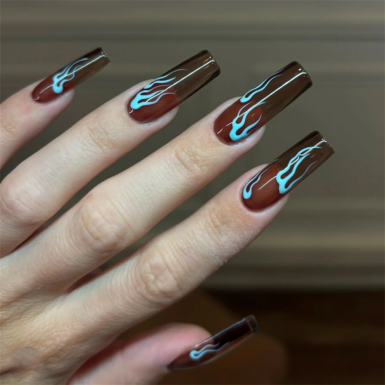 Autumn Coffee Long Coffin False Nails with Blue Flame Pattern Acrylic Press On Nails Full Cover Stick-on Fake Nails 24Pcs