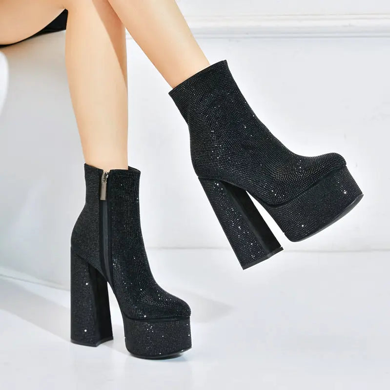 Fashion Crystal Women Ankle Boots Platform Suqare High Heel Punk Boots Full Suede Autumn Winter Woman Motorcycle Boots black