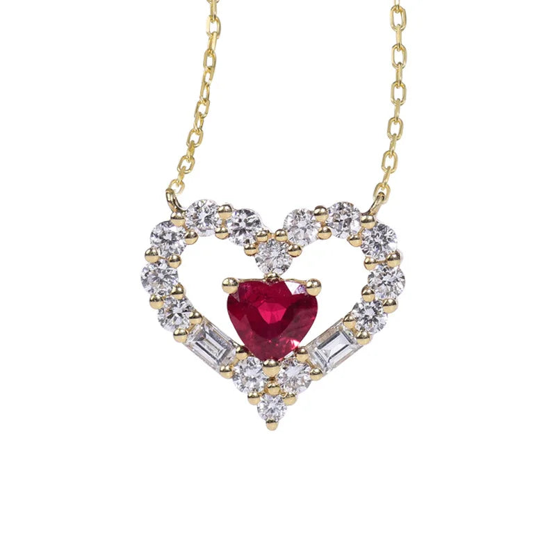 S925 Sterling Silver Double Heart Cupid Ruby Love Pendant Light Luxury Necklace Silver necklace