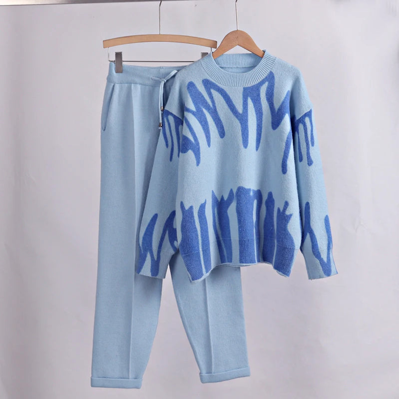 GIGOGOU Two Piece Women Autumn Winter Sweater TrackSuit OverSized Harem Pant Suits Lady Casual Warm Knitted Set Sky blue One Size