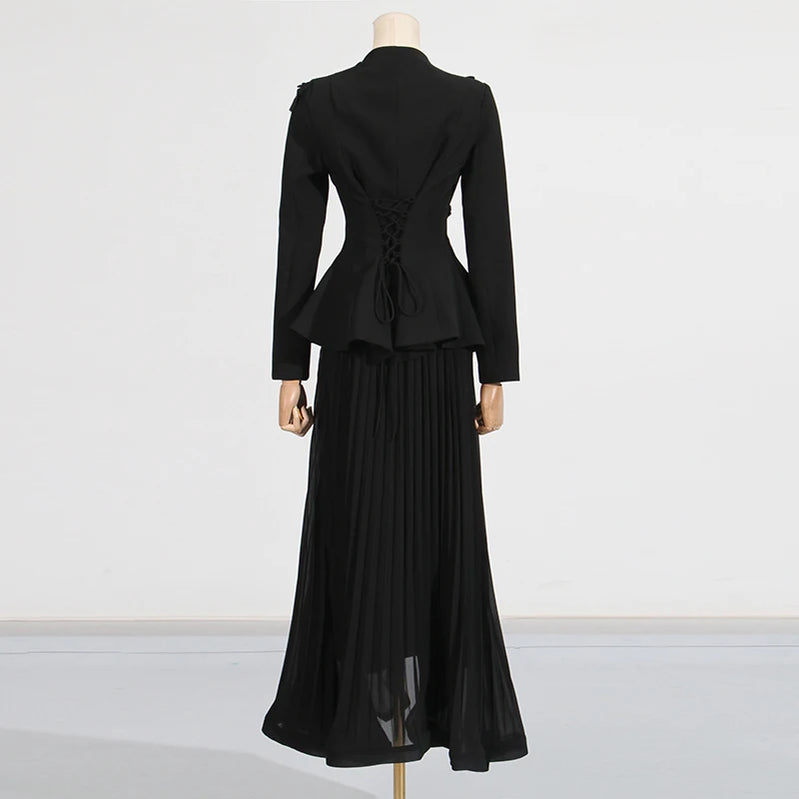 TWOTWINSTYLE Solid Two Piece Sets for Women V Neck Ling Sleeves Spliced Applique Top High Waist Patchwork Folds Skirt Set Female