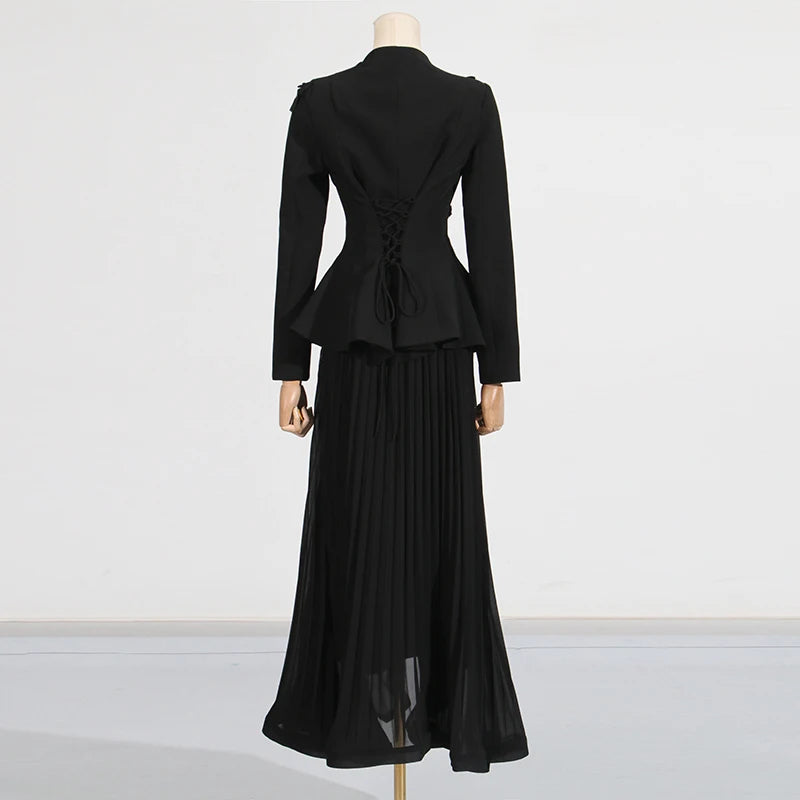 TWOTWINSTYLE Solid Two Piece Sets for Women V Neck Ling Sleeves Spliced Applique Top High Waist Patchwork Folds Skirt Set Female