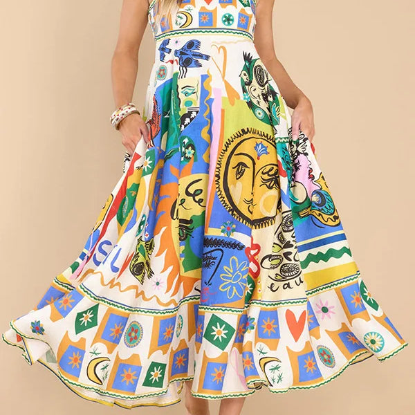 Elegant Printed Sleeveless Swing Dress Women's High Waist Suspender Backless Sexy Women's Summer Beach Vacation Robe yellow