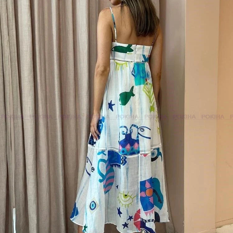 Elegant Straps Slip Print Maxi Dress Women Fashion Sweet Holiday Long Dresses Female Chic Vestidos Beach Sleeveless