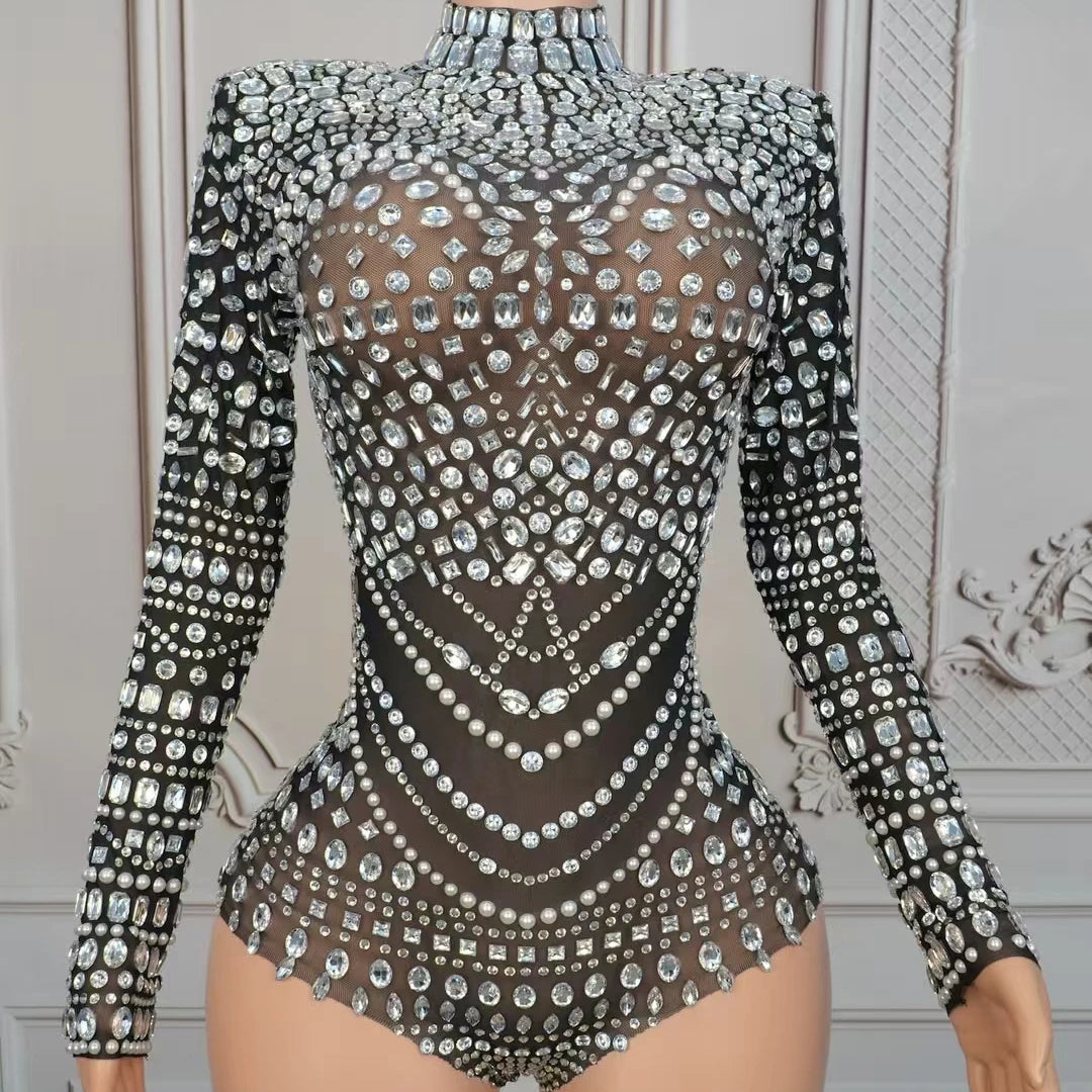 Sparkly Rhinestone Black See Through Mesh Bodysuit Women Sexy Dance Performance Wear Night Party Stage High-end Outfit Heimanba