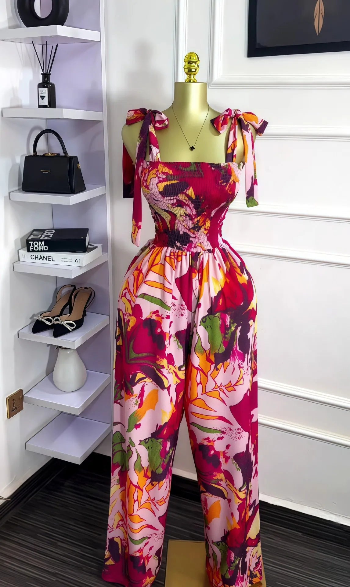 CM.YAYA Leaf Printed Women Bowknot Shoulder Sleeveless Jumpsuits 2025 Summer Beach Boho Holiday Outfits One Piece Suit Romper