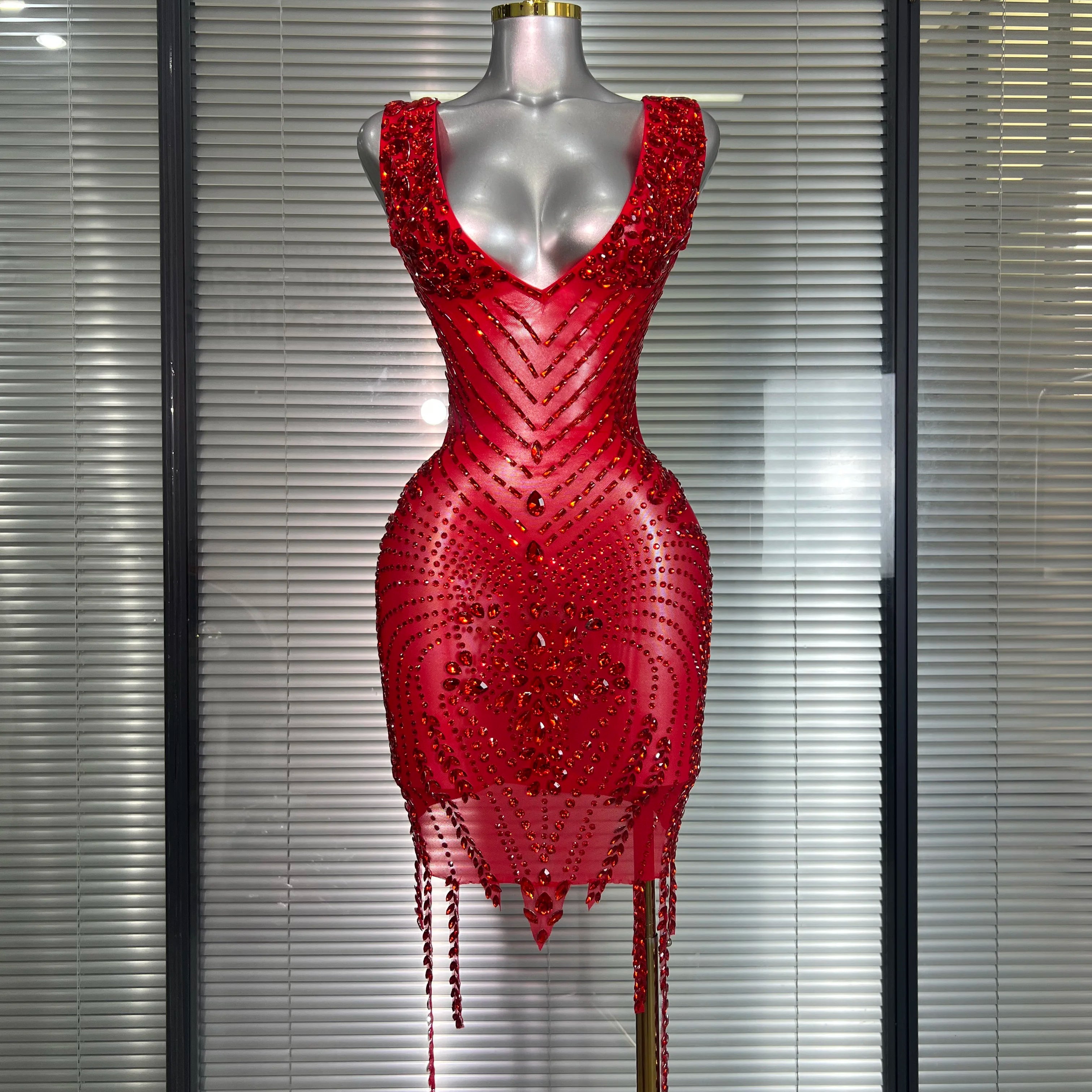 Celebrity New Women Sexy Mesh V Neck Stage Performance Costume Crystal Dancer Singer Night Club Mini Party Dress