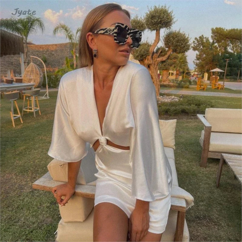 Flare Sleeve Satin Women Summer Dress Deep V-neck Hollowe Out Fashion Party Club Short Dresses Luxury Simple Slim Beach Vestidos