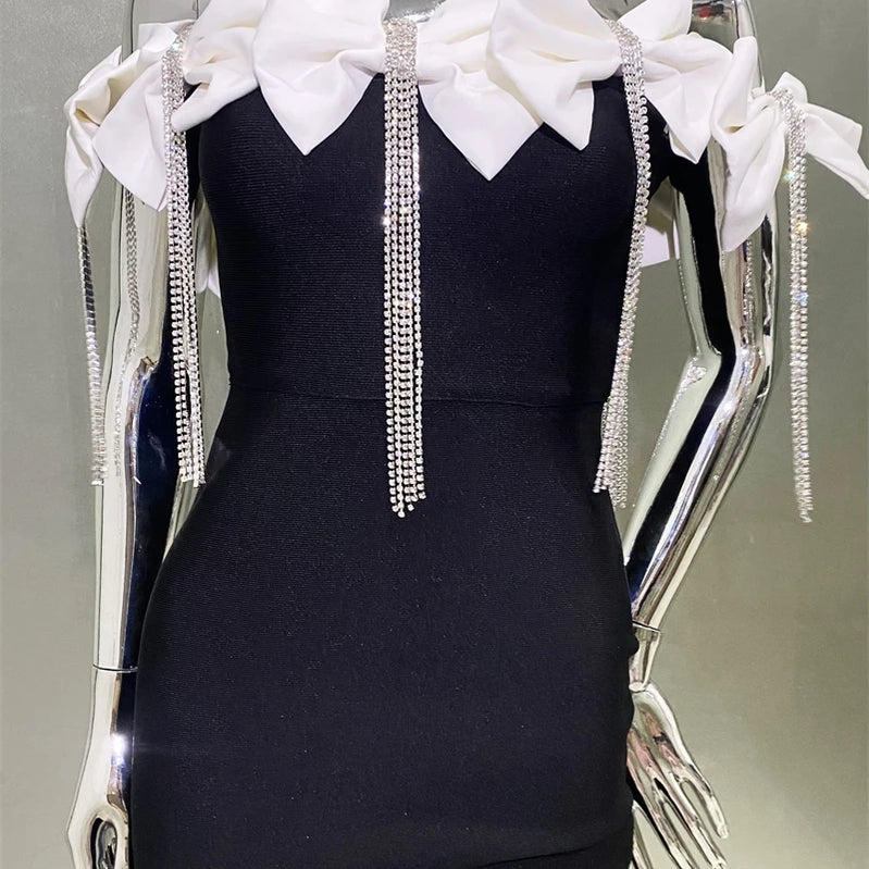 Sparkling Diamonds Tassel White Bows  Sexy Off The Shoulder Ankle Lenght Bandage Dress Woman Birthday Party Vestido